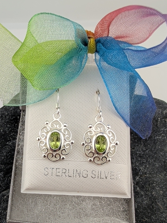 natural gemstones Jewelry - Sterling Silver Peridot Scrollwork Drop Earrings - Green